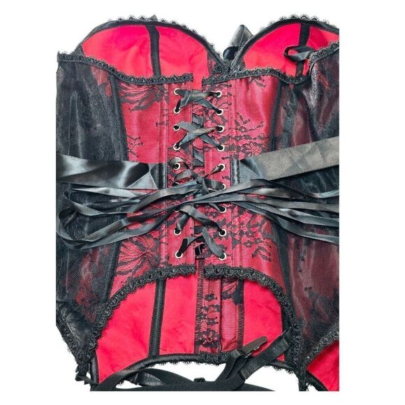 Adore Me Lace Strapless Corset Size 0X Lace Up Red Black Garter Clips Lingerie - Picture 6 of 13